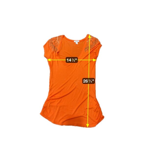 Cache Orange Short Sleeve Top Rhinestone Embellishments Ruched Side Sz Medium - Picture 8 of 10